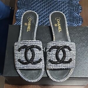 CHANEL Black & White Beaded CC Logo Slide Mules
